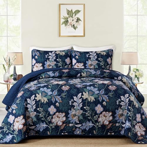 WONGS BEDDING Queen Quilt Set 3 PC Navy Blue Floral Bedspread