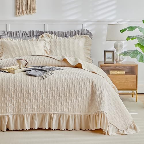 Ruffled Quilt Bedding Set California King 3PC Shabby Chic