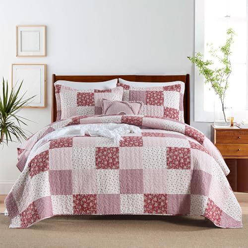 ENASAL Reversible Plaid Flower Quilt Bedspread Set King Size