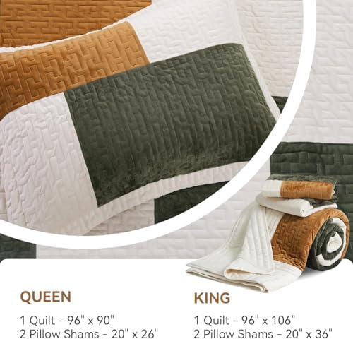Grassix Velvet Queen Quilt Set - 90x96 Green Gold 3-Piece All Seasons
