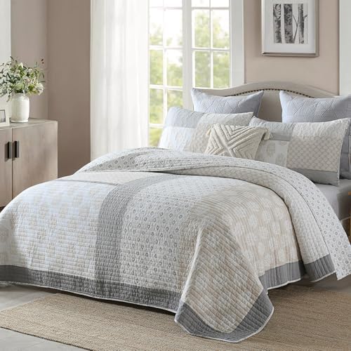 PANGUSHAN Queen Quilt Set 3 Pieces 100 Cotton Reversible Patchwork Quilt