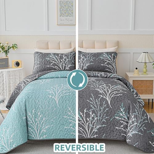 DJY Queen Size Reversible Quilt Set Grey Blue