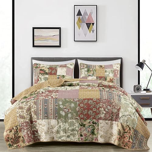 Chezmoi Delaney 3-Piece Floral Patchwork Quilt Set Queen