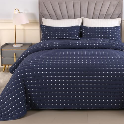 Qucover Cal King Quilt Set with Pillow Shams Navy Blue Cross Stitch Design