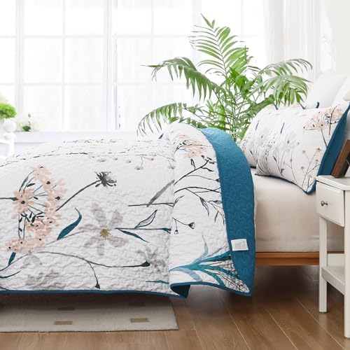 Dobuyly Teal Floral Queen Quilt 3-Piece Set