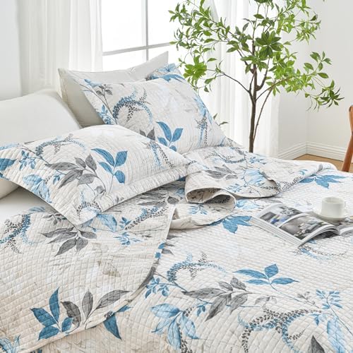 HollyHOME 3-Piece Quilt Set with Teal Gray Leaves Design