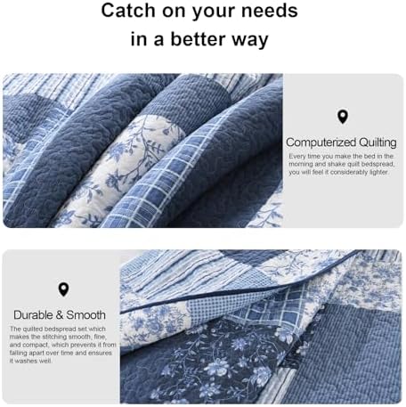 PANGUSHAN 100 Cotton King Quilt Set - Floral Patchwork 3pcs BlueWhite 1