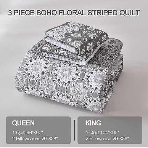 Grey Boho Quilt Set with 2 Pillowcases