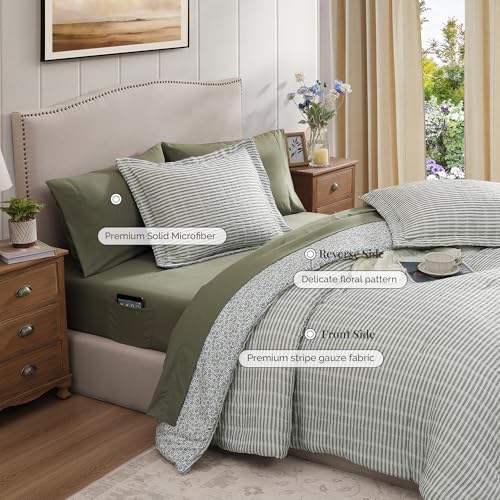 BLOOMHAVEN Full Comforter Set 7 Pieces Green Gauze Muslin Bedding