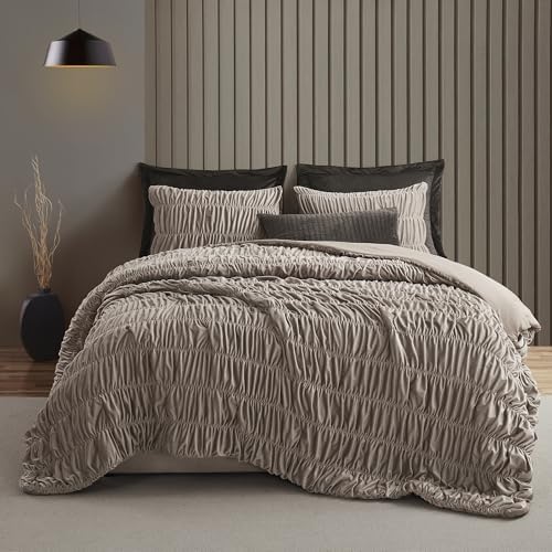 Wonderful Ruched Velvet Quilt Set Queen Size Light Brown