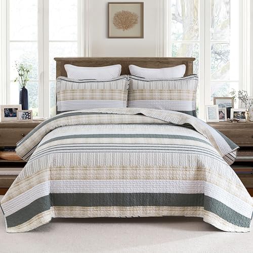 Homzard Cotton King Size Quilt Set - Beige Grey Plaid 3 Piece