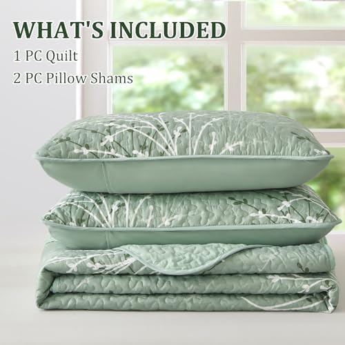 DJY Sage Green Floral Quilt Set California King