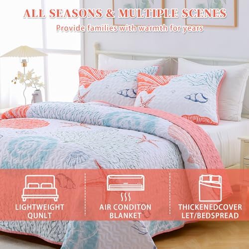 Heymybed Queen Coastal Quilt Set with Pink Starfish Design