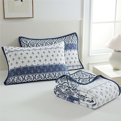 Floral Queen Quilt Set - 3-Piece Cotton Blue White Reversible Quilted Bedspread