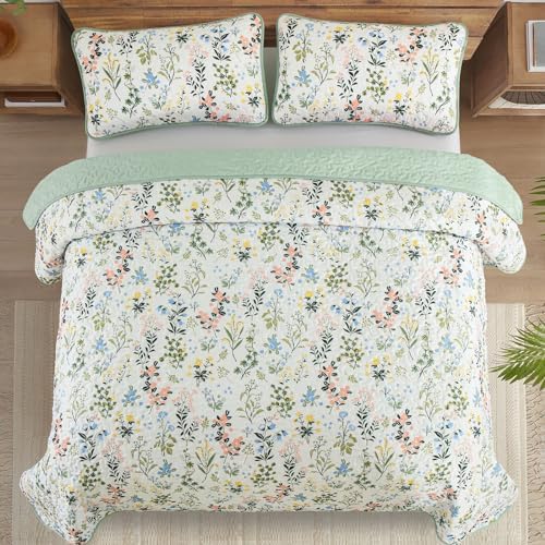 Anibedding Floral Quilt Set 3pcs King Size Green