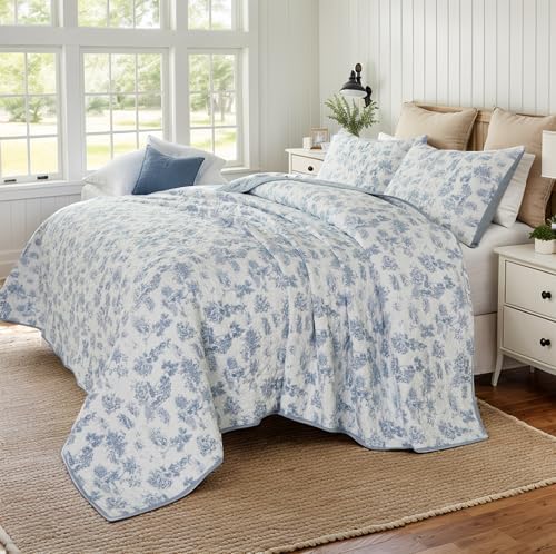 Brandream Cotton Toile Quilt Set 3-Piece Blue and White