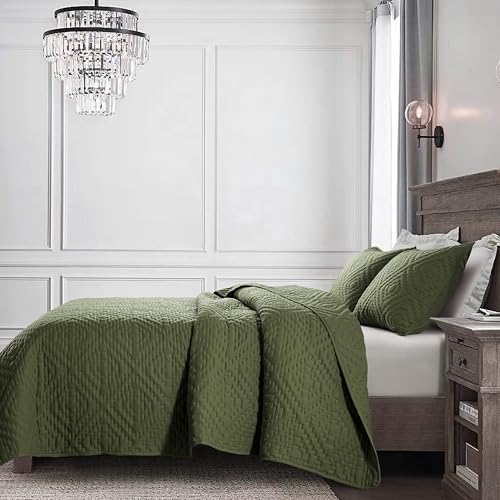Olive Green Queen Quilt Set with Pillow Shams 3 Piece