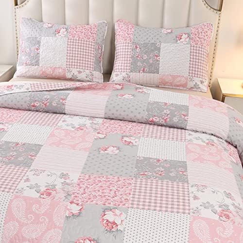VIVILINEN King Size Reversible Quilt Set with Floral Patchwork