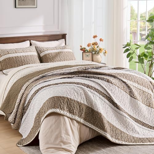 DJY Queen Size Brown Striped Quilt Set 3 Pcs