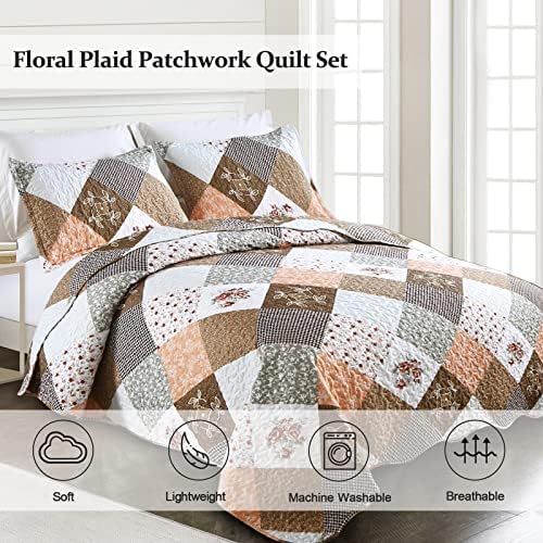 Dinjoy Floral Plaid Patchwork Quilt Set Twin Size