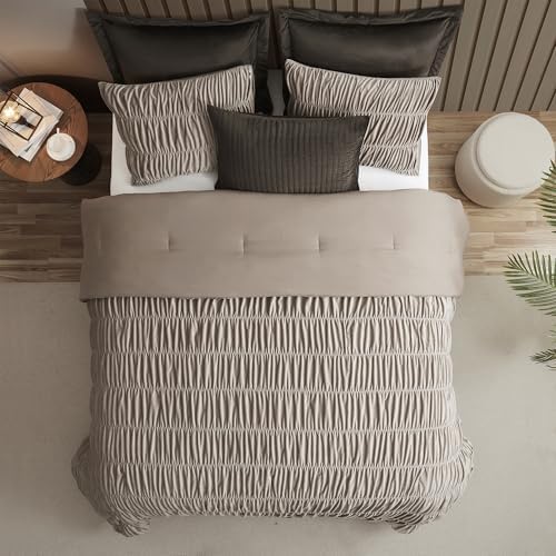 Wonderful Ruched Velvet Quilt Set Queen Size Light Brown