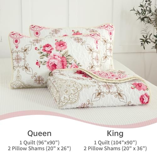 Menghomeus Pink Big Floral Reversible Quilt Set