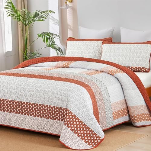WONGS BEDDING Burnt Orange Boho Quilt Set Queen Size 3 Pieces