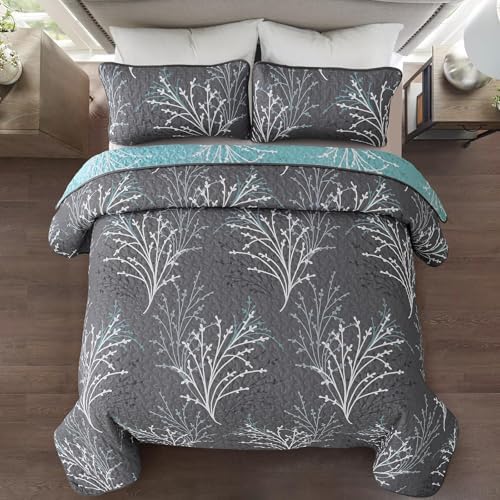 DJY Queen Size Reversible Quilt Set Grey Blue
