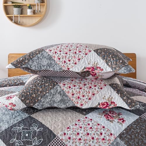 HoneiLife Queen Quilt Set 3 Pieces Grey Border