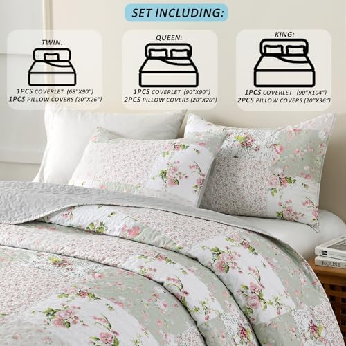 HIARUO 3PCS Queen Quilt Set Floral Patchwork Comforter Bedspread