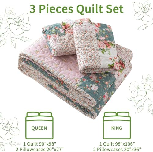 VAPUTAR Reversible Floral Queen Quilt Set 3 Piece