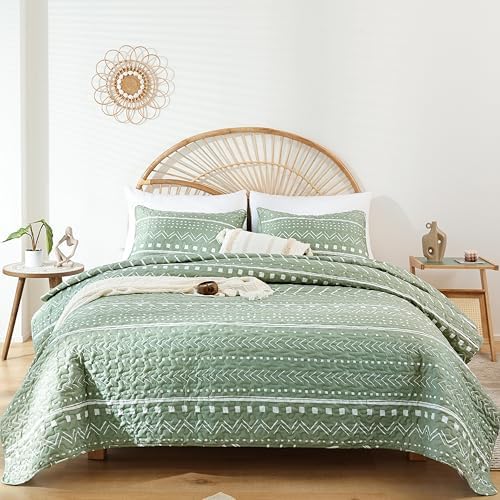 JANZAA Boho King Quilt Set 3PCS Sage Green
