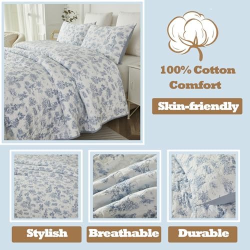 Brandream Cotton Toile Quilt Set 3-Piece Blue and White