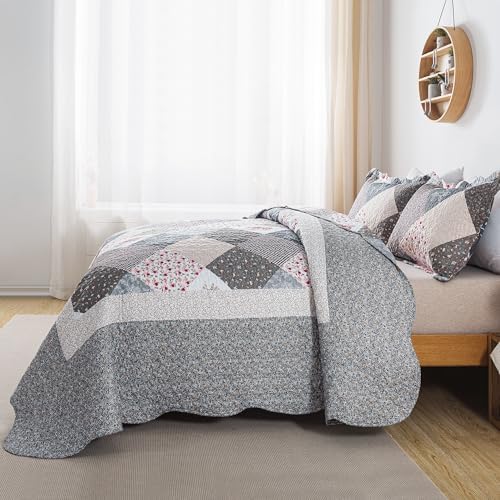 HoneiLife Queen Quilt Set 3 Pieces Grey Border