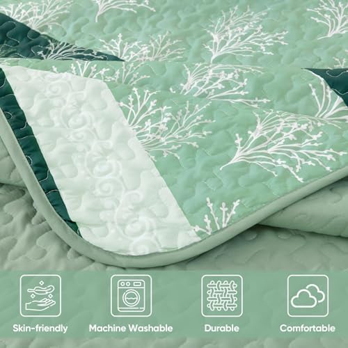 DJY Boho Quilt Set with 3 Pieces King Green Striped Floral Bedspread