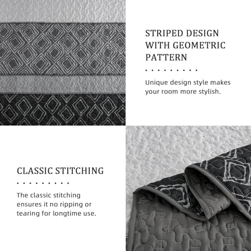 Cottolester Boho Quilt Set 3 Pieces Full Size Grey Striped Plaid