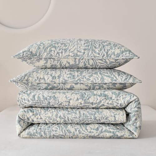 DURLENGEN Bluish Grey Botanical Quilt Set Queen 3Pcs
