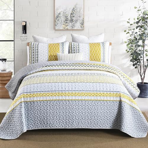 DJY Boho Yellow Grey Striped Quilt Set