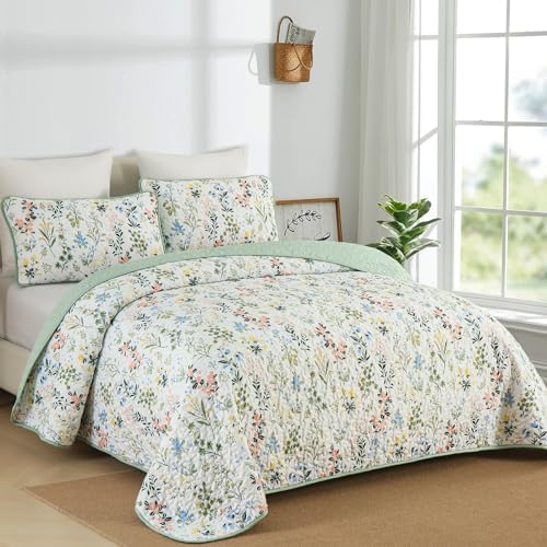 Anibedding Floral Quilt Set 3pcs King Size Green