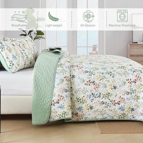 Anibedding Floral Quilt Set 3pcs King Size Green