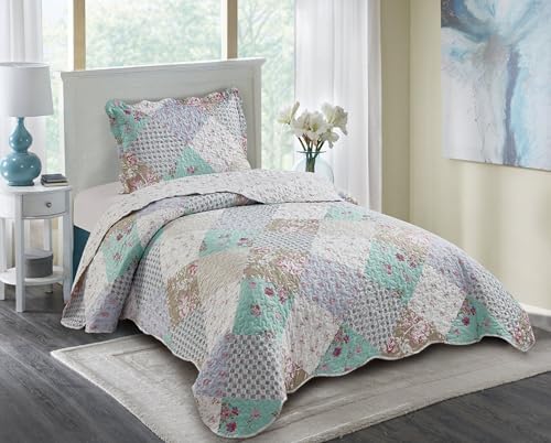 Brilliant Sunshine Blue Green Rose Quilt Set Twin