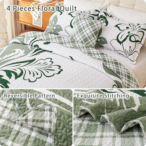 EVENHUG 4 Piece Floral Quilt Set Queen Size