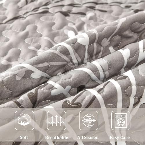 Grey Floral Quilt Set 3 Piece Full Size Bedding Cover