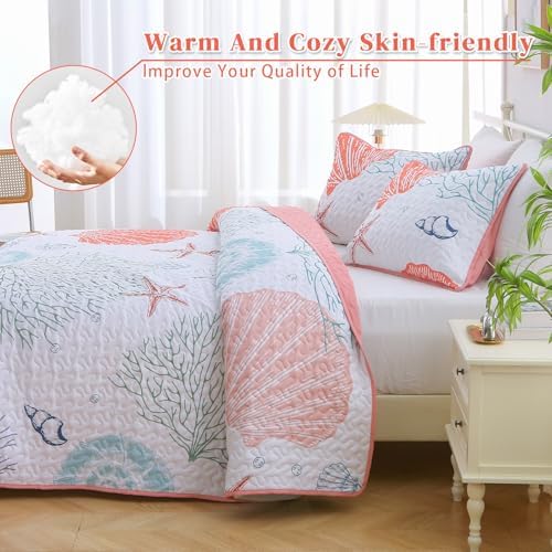 Heymybed Queen Coastal Quilt Set with Pink Starfish Design