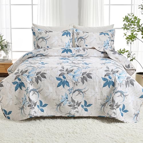 HollyHOME 3-Piece Quilt Set with Teal Gray Leaves Design