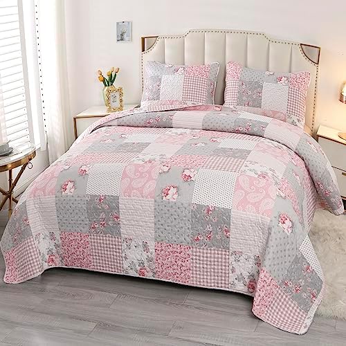 VIVILINEN King Size Reversible Quilt Set with Floral Patchwork