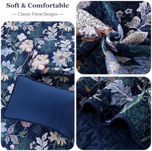 WONGS BEDDING Queen Quilt Set 3 PC Navy Blue Floral Bedspread