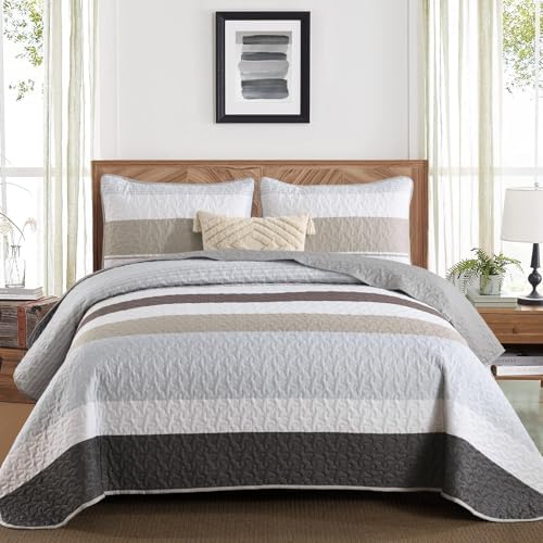 Dinjoy Grey Boho Striped California King Quilt Set