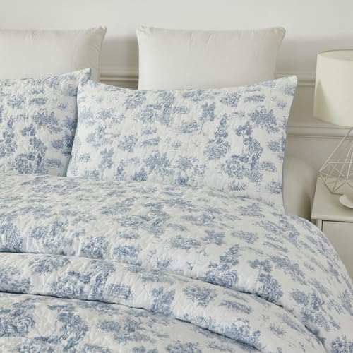 Brandream Cotton Toile Quilt Set 3-Piece Blue and White