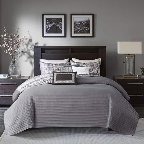 Madison Park King Quilt Set with Glitter Accent Chevron GreyTaupe